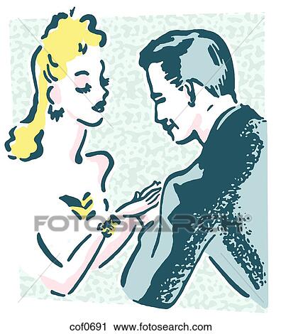 Clip Art - A vintage illustration of a man and woman flirting. Fotosearch