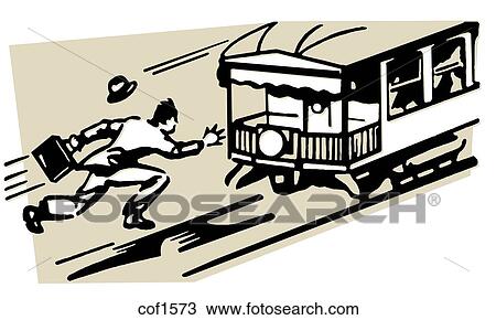 Drawing - A vintage illustration of a man running for a tram. Fotosearch