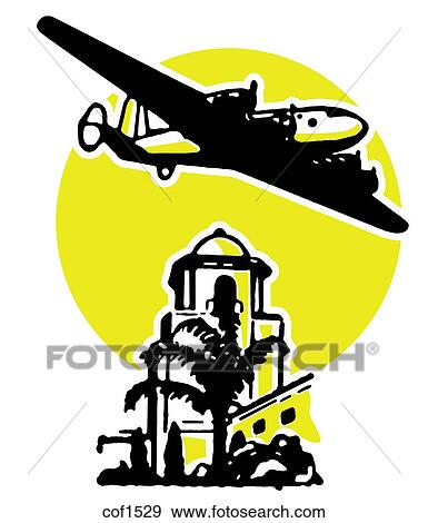 Stock Illustration - A vintage illustration of an airplane flying over buildings. Fotosearch