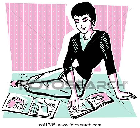A vintage image of a woman flicking through magazines View Large Illustration Stock Illustration - A vintage image of a woman flicking through magazines. Fotosearch