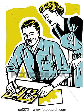 Clip Art - A vintage portrait of a happy looking couple. Fotosearch