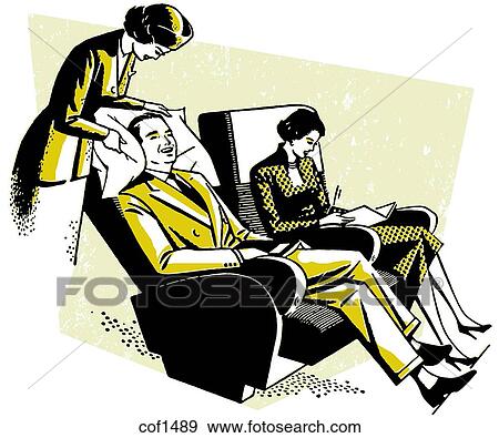 Stock Illustration - A vintage print of a flight attendant tending to a customer. Fotosearch