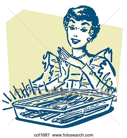 Stock Illustration - A vintage style illustration of a woman with a baking dish fresh from the oven. Fotosearch