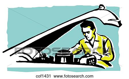 Clip Art - A vintage style image of a mechanic at work. Fotosearch