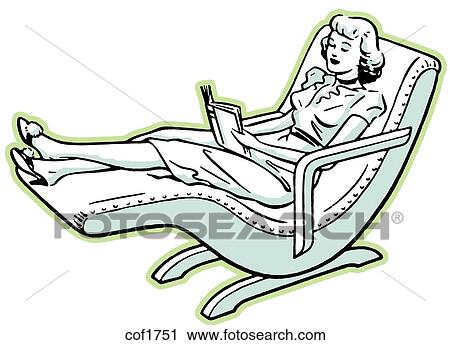 Clip Art - A vintage style portrait of a woman relaxing on a deck chair. Fotosearch