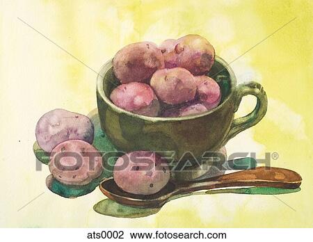 Drawing - A watercolor painting of potatoes in a bowl. Fotosearch