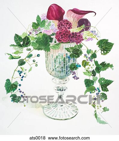 Stock Illustration - A watercolor painting of purple flowers and vines filling a vase. Fotosearch