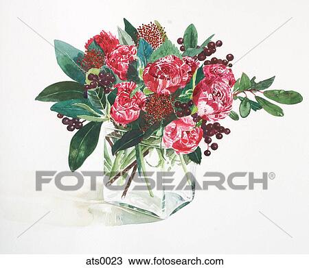 Drawing - A watercolor painting of red flowers in a vase. Fotosearch