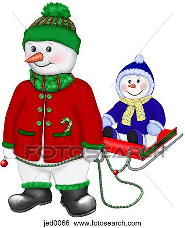 Stock Illustration - A well rugged up snowman with a child on his sled. Fotosearch