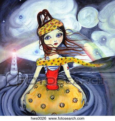 A whimsical painting of a child with a lighthouse in the background View Large Illustration Stock Illustration - A whimsical painting of a child with a lighthouse in the background. Fotosearch