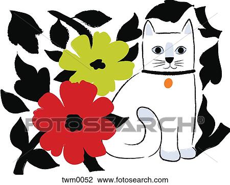 Drawing - A white cat standing with red, green and black flowers. Fotosearch