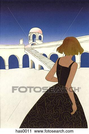 Clip Art - A woman in front of a Grecian building. Fotosearch