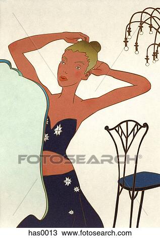 Drawing - A woman looking at her reflection in a mirror. Fotosearch