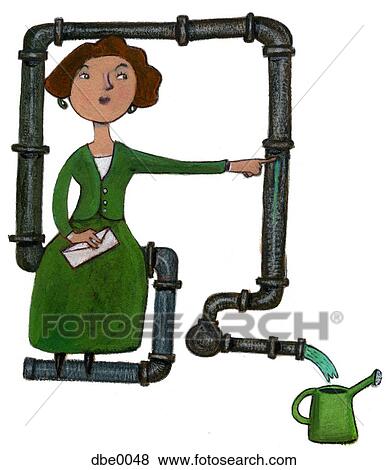 Stock Illustration - A woman plugging a hole in the piping. Fotosearch