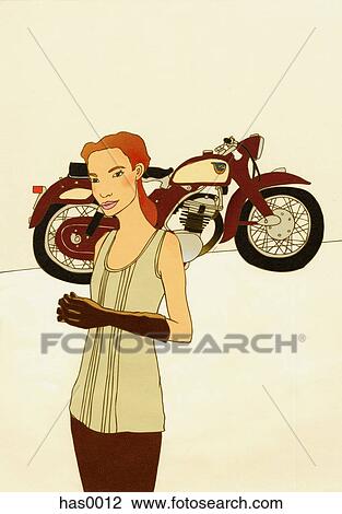 Drawing - A woman standing in front of a motorbike. Fotosearch