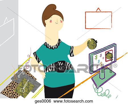 Stock Illustration - A woman surrounded by sewing apparel putting a handmade purse onto a computer monitor. Fotosearch