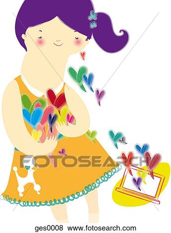 Stock Illustration - A woman with a large smile on her face holding a large pile of hearts that are flowing from a computer. Fotosearch