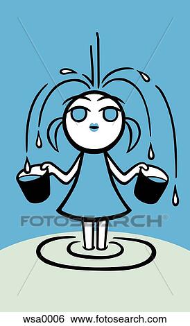 Stock Illustration - A young girl catching water in buckets. Fotosearch