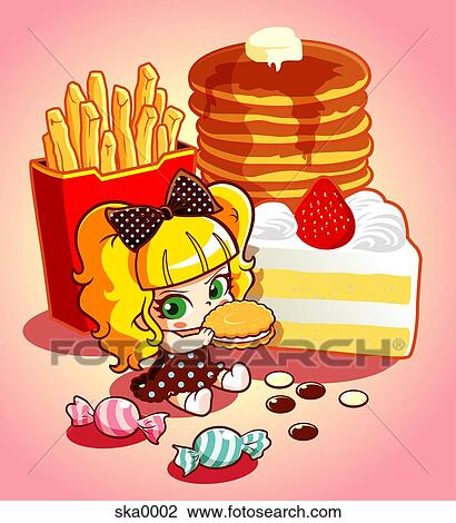 Drawing - A young girl surrounded by junk food. Fotosearch