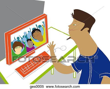Stock Illustration - A young man sitting at a computer talking with friends on the screen. Fotosearch