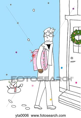 Stock Illustration - A young man with a Christmas gift. Fotosearch