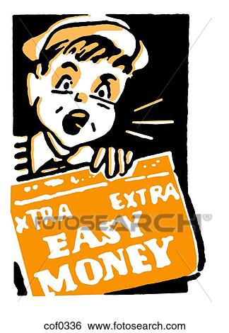 Stock Illustration - A young newspaper boy holding a newspaper that reads Easy Money. Fotosearch