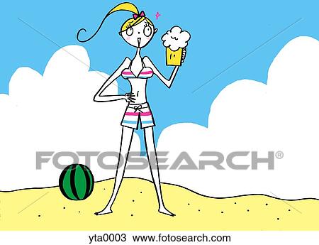 Drawing - A young woman at the beach. Fotosearch