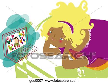 Stock Illustration - A young woman looking love struck at a computer screen that has another person surrounded by hearts on it. Fotosearch