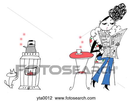 Drawing - A young woman reading the newspaper over coffee. Fotosearch