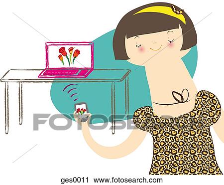 Clip Art - A young woman transmitting an image between her telephone and her computer. Fotosearch