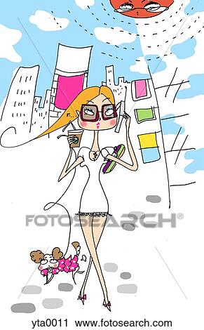 Clip Art - A young woman walking her dog through a busy street. Fotosearch