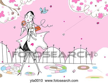 Clipart - A young woman walking through a park whilst eating a doughnut. Fotosearch