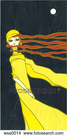 Stock Illustration - A young woman wearing a long yellow dress with long orange hair. Fotosearch