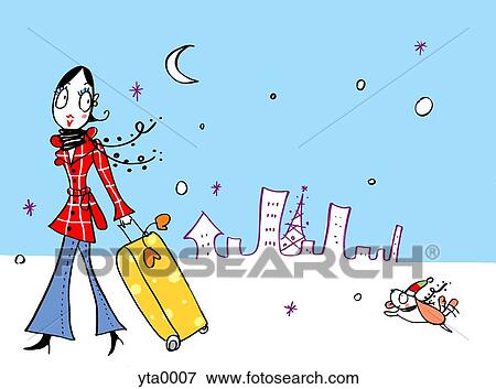 A young woman with travel luggage backed by a city skyline View Large Illustration Stock Illustration - A young woman with travel luggage backed by a city skyline. Fotosearch