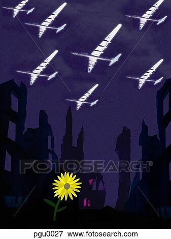 Stock Illustration - Aeroplanes flying over buildings and single yellow daisy. Fotosearch
