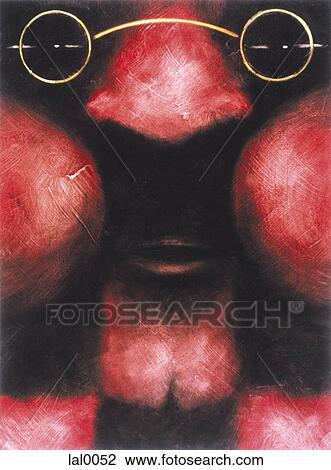 Drawing - An abstract drawing of a red face dressed with round spectacles. Fotosearch