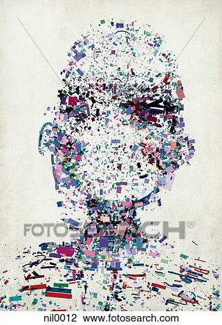 Drawing - An abstract illustration of a persons head made up of a collection of colorful fragments. Fotosearch