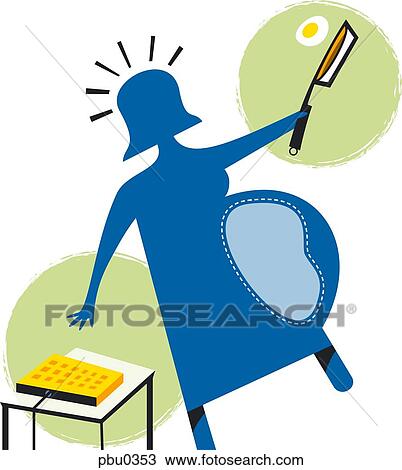 Drawing - An abstract illustration of a pregnant woman flipping an egg in a pan. Fotosearch