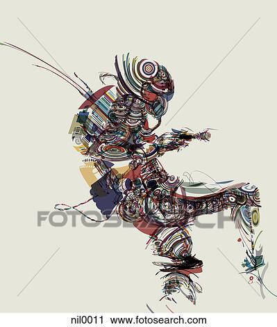 Clip Art - An abstract illustration of a soldier made up of a collection of colorful fragments patterns and shapes. Fotosearch