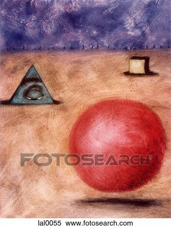 Stock Illustration - An abstract illustration of a suspended sphere, a pyramid and a cube. Fotosearch