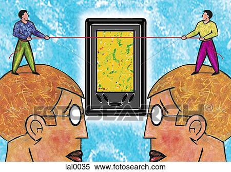 Stock Illustration - An illustration if two small figures standing on the heads of two larger figures with rope running between them. Fotosearch
