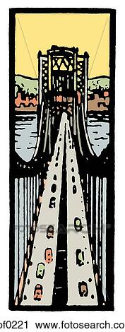 An illustration looking down along a busy bridge View Large Illustration Clip Art - An illustration looking down along a busy bridge. Fotosearch