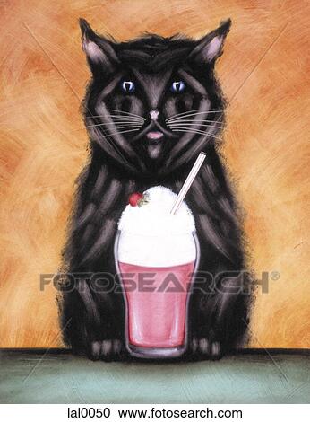 An illustration of a black cat drinking a milkshake View Large Illustration Clipart - An illustration of a black cat drinking a milkshake. Fotosearch