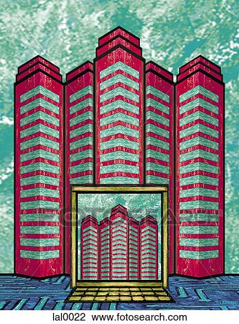 Drawing - An illustration of a building and a laptop computer. Fotosearch