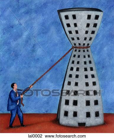Drawing - An illustration of a business man with rope tied tight around a tall building. Fotosearch