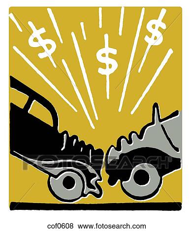Stock Illustration - An illustration of a car accident and resulting in dollar signs. Fotosearch