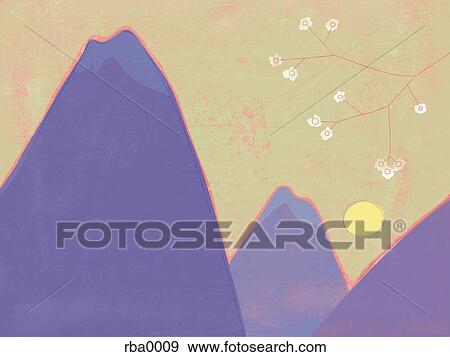 An illustration of a Cherry Blossom branch and mountain ranges View Large Illustration Stock Illustration - An illustration of a Cherry Blossom branch and mountain ranges. Fotosearch