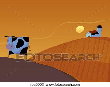 An illustration of a cow in a paddock at dusk with a farmhouse in the background View Large Illustration Drawing - An illustration of a cow in a paddock at dusk with a farmhouse in the background. Fotosearch