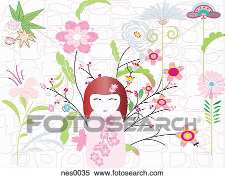 Stock Illustration - An illustration of a Japanese style doll with an array of different flowers in the background. Fotosearch