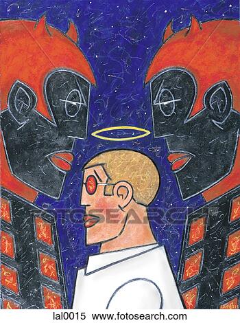 An illustration of a male figure with a halo situated between two devil characters View Large Illustration Stock Illustration - An illustration of a male figure with a halo situated between two devil characters. Fotosearch